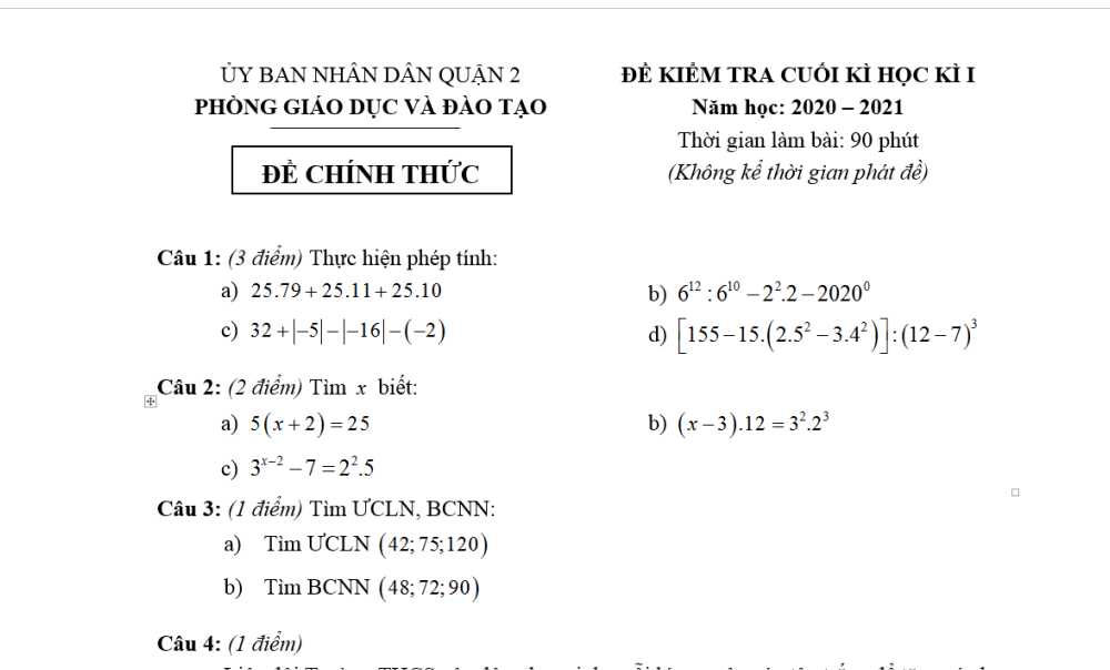 Toán 6-Đề kiểm tra cuối kì 1 Phòng GD&ĐT quận 2 năm học 2020-2021